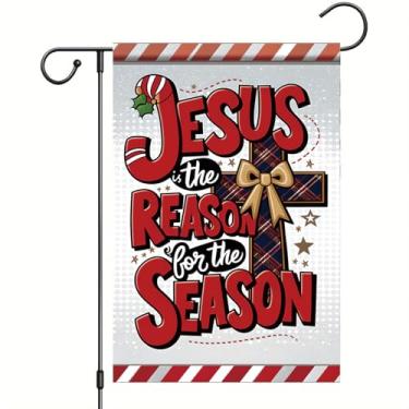 Imagem de Saoplasa Bandeira de jardim de Natal Jesus Is the Reason for the Season Cruz com letras vermelhas 30,5 x 45,7 cm, faixa dupla face para jardim ao ar livre para decoração de férias cristãs religiosas