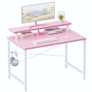 Imagem de Pamray Mesa de computador pequena de 81 cm com suporte para monitor, mesa de escritório simples com gancho de fone de ouvido para espaços pequenos, mesa de estudo infantil para quarto, rosa