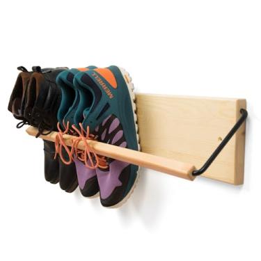 Imagem de PeachyModern Wall Mounted Shoe Rack - A wooden, modern, slim, and small shoe rack that makes it a compact entryway shoe storage solution for shoes, boots, and kids shoes in narrow spaces, entryways, or hallways. (Pine, 30-in-wide)