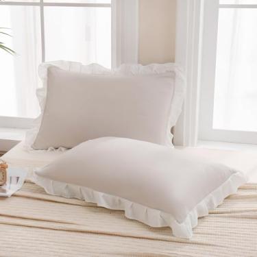 Imagem de Merryword Capas de travesseiro bege padrão 51 x 66 cm bege e branco reversível conjunto de 2 fronhas macias chiques com babados