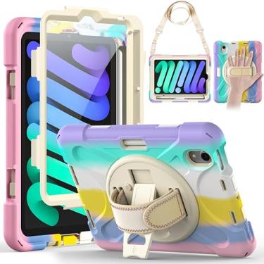 Imagem de Gerutek Capa para iPad mini 7 (A17 Pro) 2024/Mini 6 2021 21.1 cm, capa à prova de choque para iPad mini 7/6ª geração com protetor de tela, suporte giratório de 360°, alça de mão/ombro, suporte para