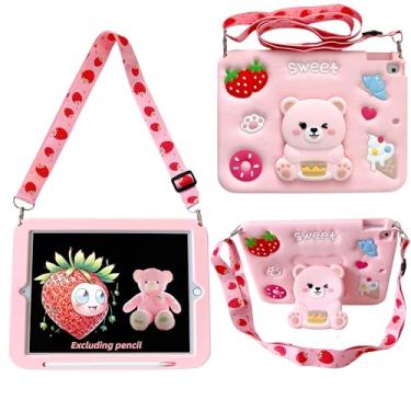 Imagem de GENZOXRUG Capa para iPad, design de urso de morango rosa com decorações doces, capa macia com alça ajustável, capa protetora para tablet (para iPad 7/8/9 de 10,2 polegadas (2020/21/22))
