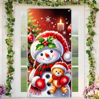 Imagem de BlissYard Boneco de neve, urso de pelúcia, faixa para porta de feliz Natal, 89 x 188 cm, decoração de porta da frente com folhas de azevinho, luvas vermelhas e cachecol xadrez para ambientes internos