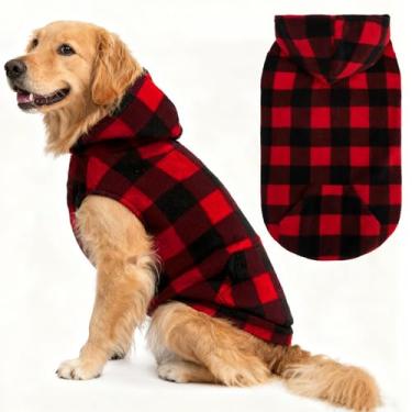 Imagem de EXPAWLORER Colete de lã com capuz para cães, moletom xadrez para cães, outono e inverno, roupas para animais de estimação com trela, sem mangas, quente, aconchegante, para filhotes, roupas para gatos