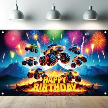 Imagem de Saoplasa Banner de fundo Monster Truck Racing Happy Birthday para fotografia de fogos de artifício para decoração de festa de aniversário infantil 180 x 109 cm