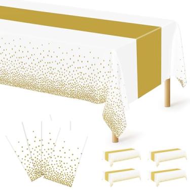 Imagem de Pacote com 4 toalhas de mesa descartáveis de plástico para festas, 137 x 274 cm, toalhas de mesa retangulares brancas e douradas, toalha de mesa impermeável para mesas retangulares, adequada para