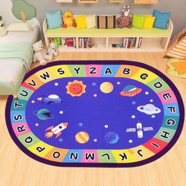 Imagem de USTIDE Tapete oval educativo infantil 10 x 15 cm, alfabeto ABC, planeta, divertido, sala de aula, antiderrapante, tapete de área de aprendizagem, para decoração de quarto de jogos