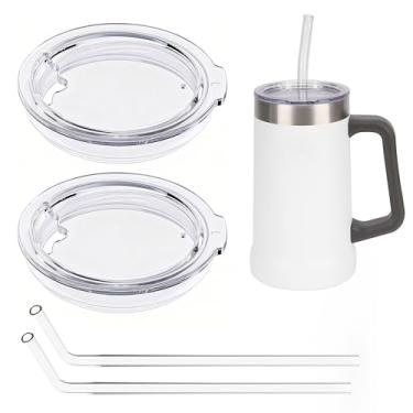 Imagem de LUVCOSY 2 conjuntos de tampas de copos de substituição com canudos de vidro compatíveis com canecas de cerveja Stanley de 680 g, tampas de copo reutilizáveis com anel de silicone de vedação, tampa de