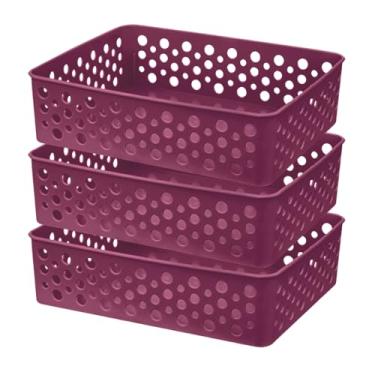 Imagem de Kit 3 Cestos Organizador Trama Rattam Médio 24x19cm Gavetas Armario Guarda Roupas (Bordô)