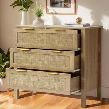 Imagem de YOCONYO 3 gavetas para quarto, cômoda de vime com gavetas, cômoda moderna de madeira com alças de metal, cômoda para quarto, sala de estar, entrada (3 gavetas)