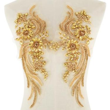 Imagem de FALESOUL 2 peças feitas à mão com strass com contas e apliques de roupas faça você mesmo, ferramenta de costura feita à mão com renda para casamento, vestido de noiva, decoração floral (dourado)