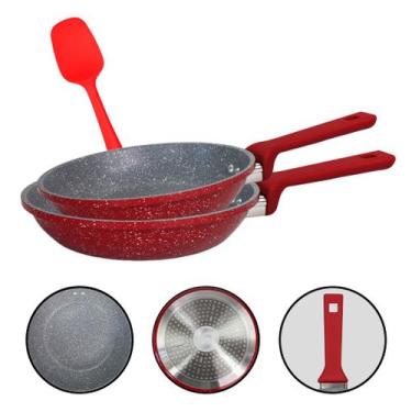 Imagem de Conjunto Frigideiras Vermelhas Antiaderente Indução Não Gruda + Espátu