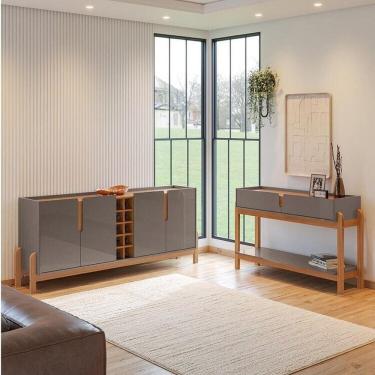 Imagem de Buffet 190cm e Aparador 2 Gavetas com Pés de Madeira Maciça Lizz Cinza Perola / Cedro