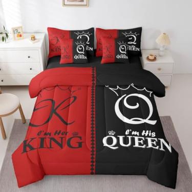 Imagem de Erosebridal Conjunto de edredom casal casal King e Queen, para homens e mulheres, vermelho, preto e branco, cama em uma bolsa, presente romântico de Dia dos Namorados com edredom