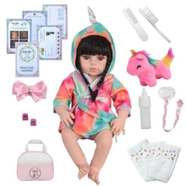 Imagem de Bebê Reborn Boneca Realista Morena Unicórnio Pelúcia Bolsa - Cegonha R