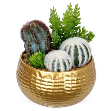 Imagem de Cactos artificiais para ambientes internos, suculentas falsas sortidas de 18 cm em vasos, planta de mesa em vaso falso com tigela de ouro, mini suculentas, decoração de cacto artificial para casa