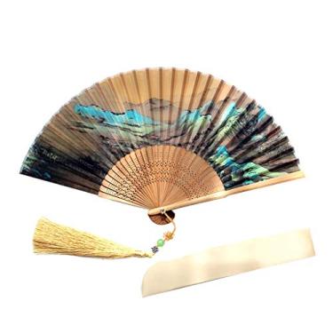 Imagem de FKJLUN Ventilador dobrável feito à mão retrô paisagem desenho ventilador de mão dobrável - capa de tecido com presentes protetores ventilador portátil (tamanho: 23 * 4 cm)