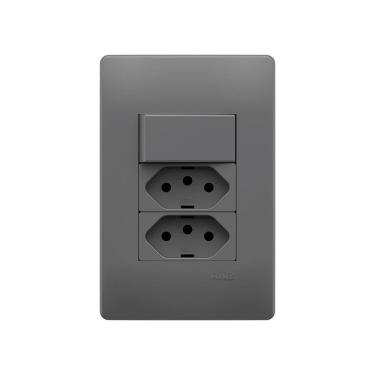 Imagem de Interruptor Simples e Tomada Dupla 2P+T 10A Fame Habitat Onix com Placa 4x2