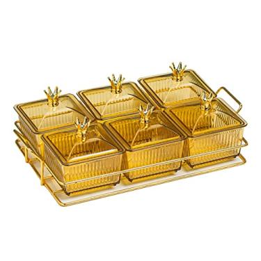Imagem de Bandeja de tempero dividida de plástico, tigela removível com tampas, bandeja de servir lanches de festa para aperitivo de frutas, sobremesa, doces, dourado, 6 compartimentos C