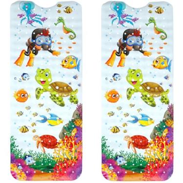 Imagem de 2 peças de tapete de banho para bebês 101,6 x 40,6 cm, antiderrapante, com ventosas e orifícios de drenagem, tapete de banheira de desenho fofo lavável na máquina para banheiro, bebês, crianças