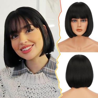 Imagem de Peruca BARSDAR curta preta Bob com franja de 30 cm para mulheres