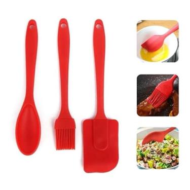 Imagem de Kit de Utensílios de Cozinha em Silicone, Conjunto 3 Peças com Espátula, Colher e Pincel, Vermelho