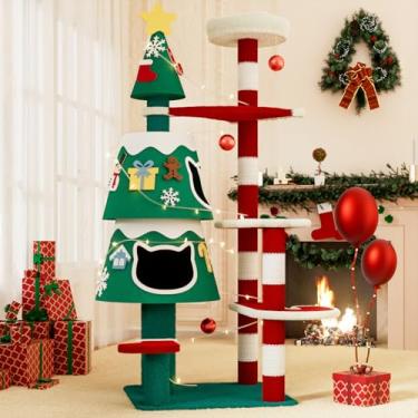 Imagem de YARUOMY Árvore de Natal, torre de gato para gatos internos com 2 condomínios para gatos, poste espesso para arranhar, móveis fofos para gatos com decorações de Natal DIY