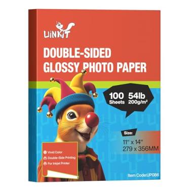 Imagem de Uinkit 100 folhas de papel fotográfico dupla face 200 g/m² brilhante 28 x 35,5 cm 24,5 kg jato de tinta para tinta corante 200 g/m2 Pacote de imagem econômica 11 x 14 9,5 Mil para impressora a jato de