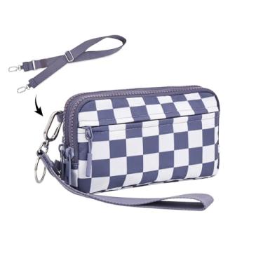 Imagem de UIBRN Carteiras transversais quadriculadas para mulheres, bolsa clutch de nylon com 4 zíperes RFID com 2 tiras, porta-cartão de crédito pequeno, Uva