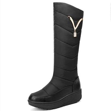 Imagem de Bigfanshu Botas femininas para neve inverno mãe sapatos à prova d'água pele quente pelúcia moda casual altura do joelho plus size, Preto, 4.5