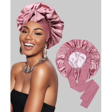 Imagem de Touca de cetim de seda para dormir - Touca de cabelo de camada dupla com faixa elástica para cabelo cacheado touca noturna (pasta de feijão + rosa)