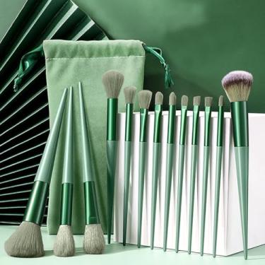 Imagem de Conjunto de pincéis de maquiagem verde de 13 peças com bolsa - Kit de pincéis de maquiagem cosméticos profissionais para base, corretivo, sombra, mistura, aplicação de rosto e olhos, verde