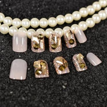 Imagem de Unhas curtas Squoval Press on Nails Golden 3D Strass Fake Nails Glossy Full Cover Kit de unhas postiças para mulheres - 24 peças/conjunto