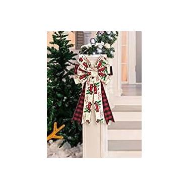 Imagem de Grande laço de Natal para guirlanda, arcos xadrez de búfalo preto vermelho para decoração de cerca de parede da porta da frente, caminhão de árvore, floco de neve, guirlanda de Natal, arco de enfeite