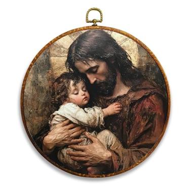 Imagem de NQDWX Jesus segurando criança, fé e conforto, arte de parede em tela redonda cristã 25 x 25 cm, decoração aconchegante para sala de estar, quarto, entrada, decoração rústica de sala de oração. (007)