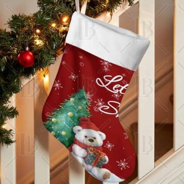 Imagem de Meias de Natal para árvore de Natal, brinquedo de urso, meias de Natal, 45,7 cm de largura, flocos de neve de inverno em vermelho, decorações de Natal, meia pendurada para festa de férias em família