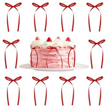 Imagem de Pacote com 10 topos de cupcake de laço vermelho, fitas de laço de aniversário, laço vermelho, copo de pé alto, balões de parede, decorações de festa, bolo de noiva, palitos de sobremesa, aniversário