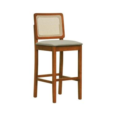 Imagem de Banqueta Alta Bistrô Lyon Encosto Telinha Natural Madeira Maciça Assento Estofado - Amêndoa Linho Bege