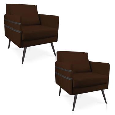 Imagem de Kit 02 Poltronas Mari Suede Pés Palito De Ferro Preto Marrom
