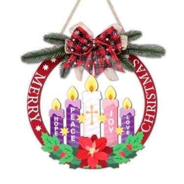Imagem de HOURIA Guirlanda de madeira de Feliz Natal (29 x 29 cm), esperança, paz, alegria, amor, cruz, velas, Jesus, religiosa, placa para pendurar na parede, decoração vintage de Natal para casa, porta da