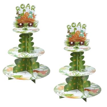 Imagem de Pau1Hami1ton Suporte de cupcake de dinossauro de 3 camadas, 2 peças, suporte de papelão para cupcake de dinossauro – fácil de montar e reutilizável (7 dinossauros)