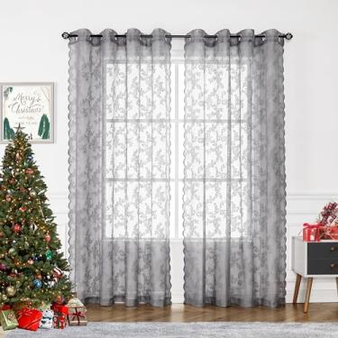 Imagem de Cortinas de renda cinza para quarto de crianças, 139 x 137 cm, cortinas bordadas florais francesas de voile transparente, tecido de renda rosa, cortinas de tratamento de janela para sala de estar