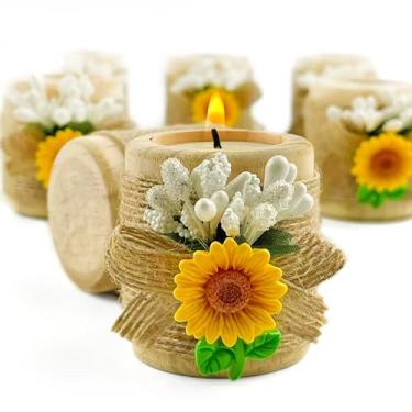 Imagem de Pacote com 24 castiçais artesanais de girassol em madeira Tealight – casamento, chá de bebê, lembrancinhas de batismo e peças centrais, decorações de velas cilíndricas