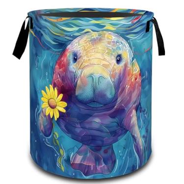 Imagem de VODRM Cesta de roupa suja com flores de peixe-boi, organizador de brinquedos para crianças e adultos, cesto de armazenamento impermeável de tecido Oxford para quarto, banheiro, decoração de oceano