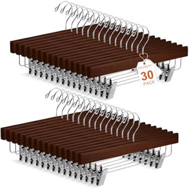 Imagem de Sieral Pacote com 30 cabides de madeira com clipes, saia de madeira maciça, cabides para casaco com 2 clipes ajustáveis, gancho giratório de 360 graus para calças, jeans, shorts, 35 cm (marrom