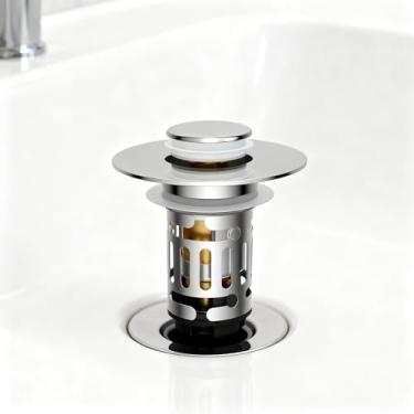 Imagem de Filtro de ralo de pia de banheiro 3 em 1, rolha pop-up universal com cesta de filtro de aço inoxidável removível, plugue de pia para bacia de 2,9 cm a 6,9 cm, núcleo de balas de latão, cromado