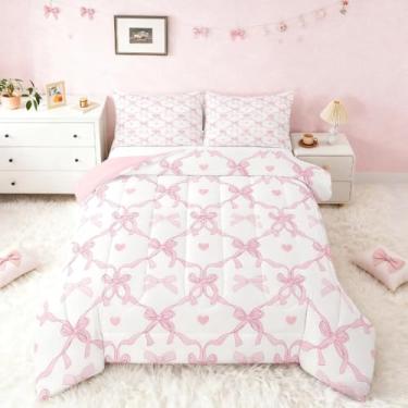 Imagem de Feelyou Conjunto de edredom infantil com laço rosa, fofo, laço e listras para quarto de crianças, meninos, meninas, decoração kawaii, microfibra, ultramacia e respirável