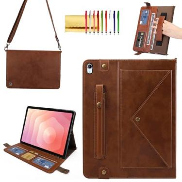 Imagem de Capa de mão para Samsung Galaxy Tab S11 SM-X730/X736, capa protetora Techcircle com suporte para caneta S e compartimentos para cartões, alça de mão e alça de ombro, café