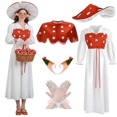 Imagem de Blosssound Fantasias de cogumelo de Halloween para mulheres, adultos, roupas de fadas renascentistas, cosplay, chapéu, orelhas de elfo, luvas de vestido (médio)