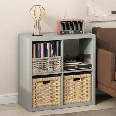 Imagem de Furinno Suporte para toca-discos de cubículo com armazenamento de vinil, 4 cubos 1,2 armazenamento de discos de vinil extra grosso, prateleira de mídia aberta para CD DVD Blueray Game Disc, para sala